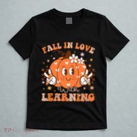 Retro Fall In Love With Learning Autumn Pumpkin Teacher T-Shirt thumb 5