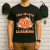 Retro Fall In Love With Learning Autumn Pumpkin Teacher T-Shirt thumb 6