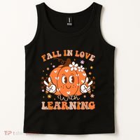 Retro Fall In Love With Learning Autumn Pumpkin Teacher Tank Top thumb 2