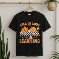 Retro Fall In Love With Learning Autumn Pumpkin Teacher T-Shirt thumb 2