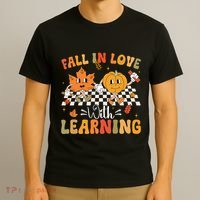 Retro Fall In Love With Learning Autumn Pumpkin Teacher T-Shirt thumb 3