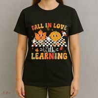 Retro Fall In Love With Learning Autumn Pumpkin Teacher T-Shirt thumb 4