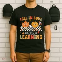 Retro Fall In Love With Learning Autumn Pumpkin Teacher T-Shirt thumb 6