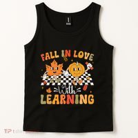 Retro Fall In Love With Learning Autumn Pumpkin Teacher Tank Top thumb 2