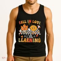 Retro Fall In Love With Learning Autumn Pumpkin Teacher Tank Top thumb 3