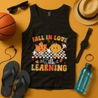 Retro Fall In Love With Learning Autumn Pumpkin Teacher Tank Top thumb 4