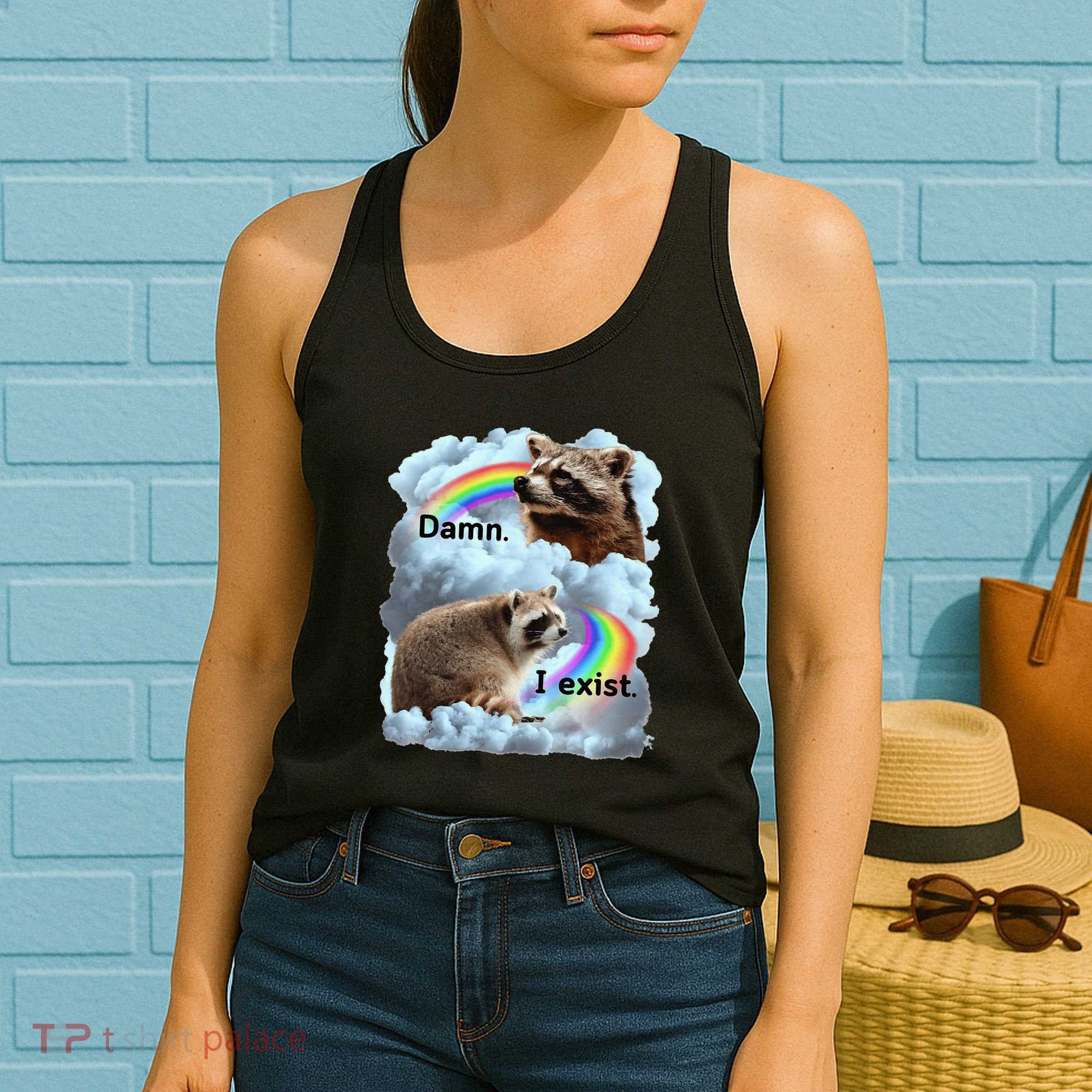 Raccoon Funny I Exist Depression Meme Dark Mental Health Women's Tank Top