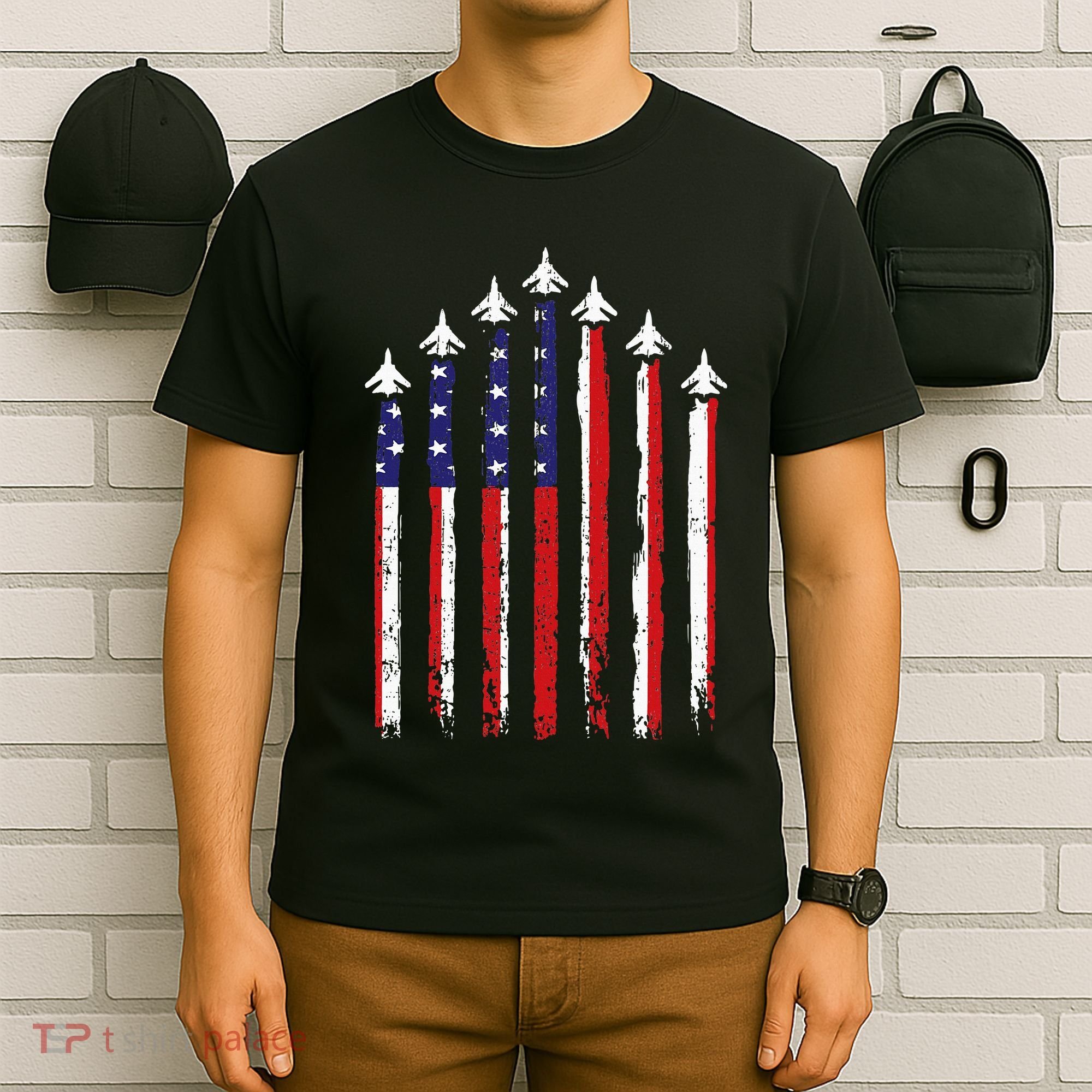 Retro Fighter Jet Airplane Usa Flag 4th Of July T-Shirt