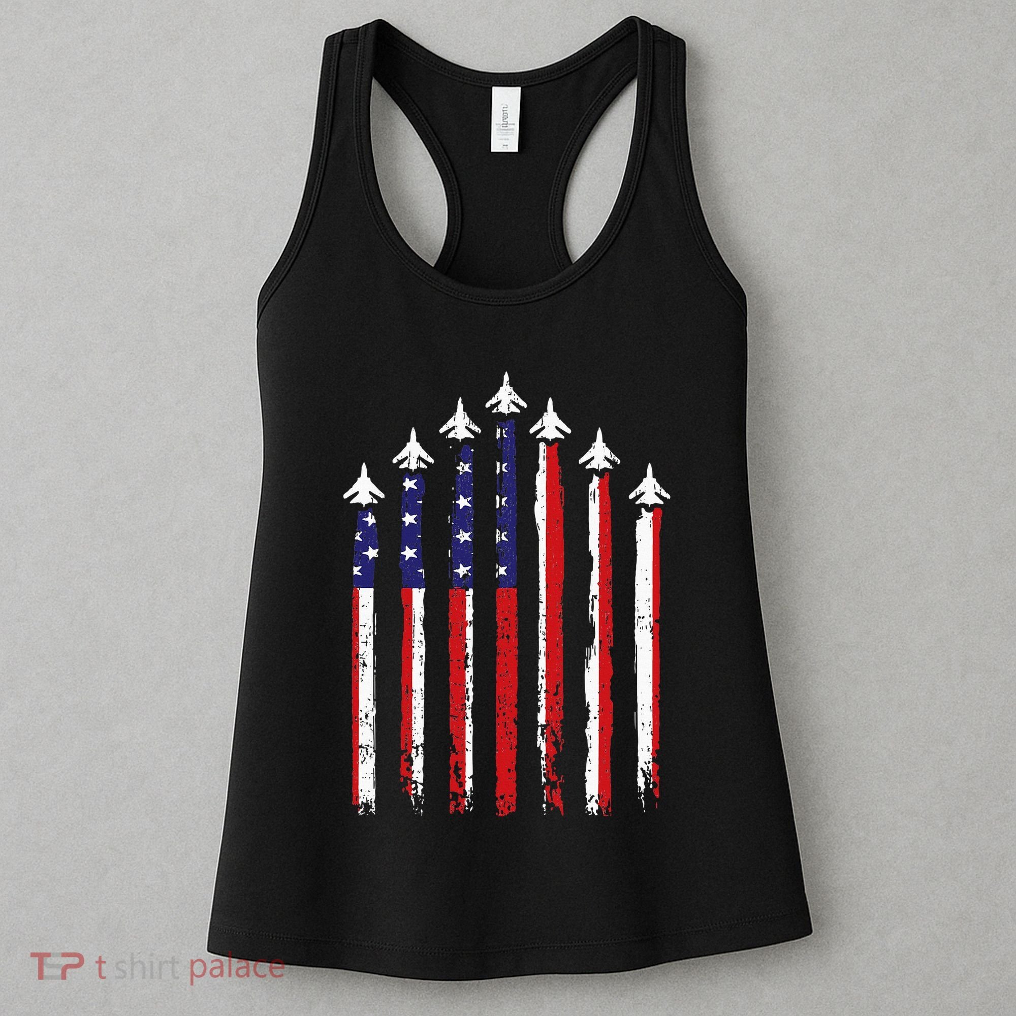 Retro Fighter Jet Airplane Usa Flag 4th Of July Women's Tank Top
