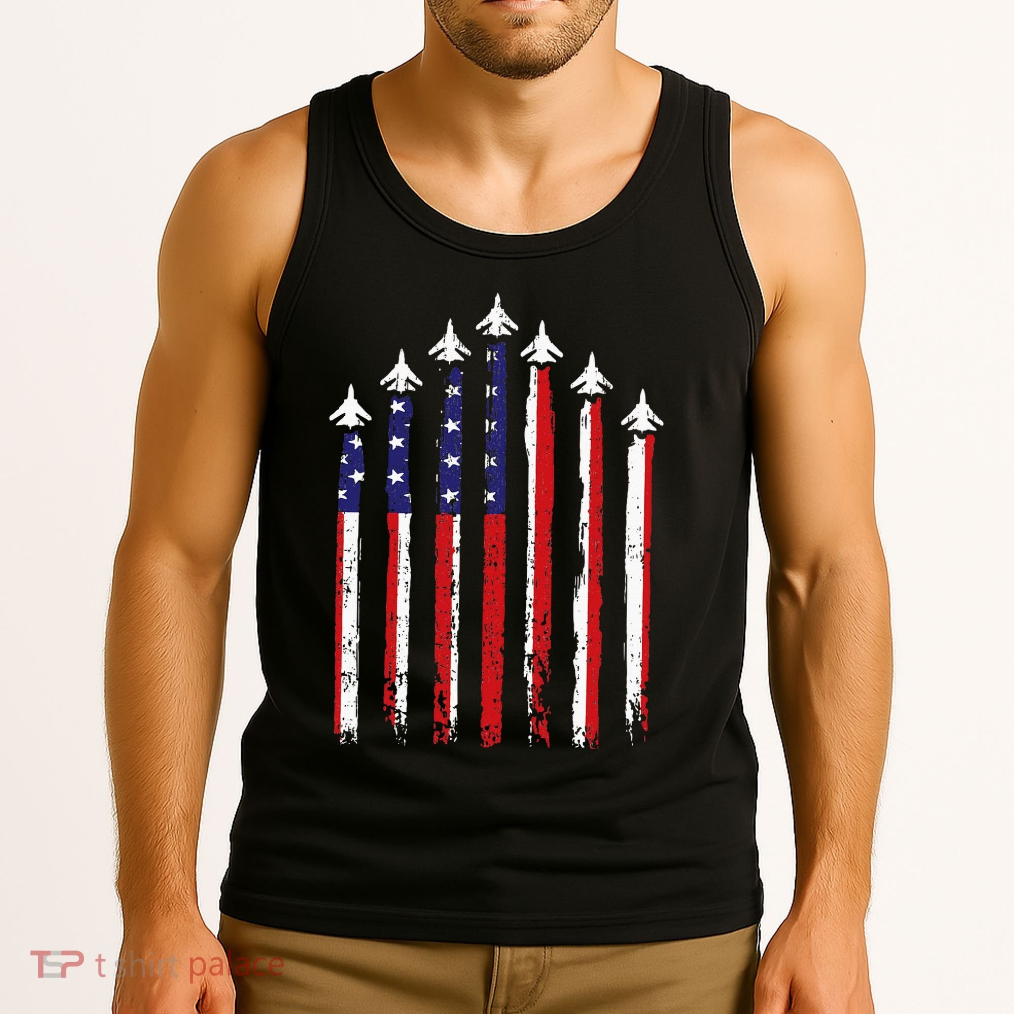 Retro Fighter Jet Airplane Usa Flag 4th Of July Tank Top