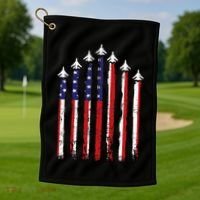 Retro Fighter Jet Airplane Usa Flag 4th Of July Golf Towel thumb 1