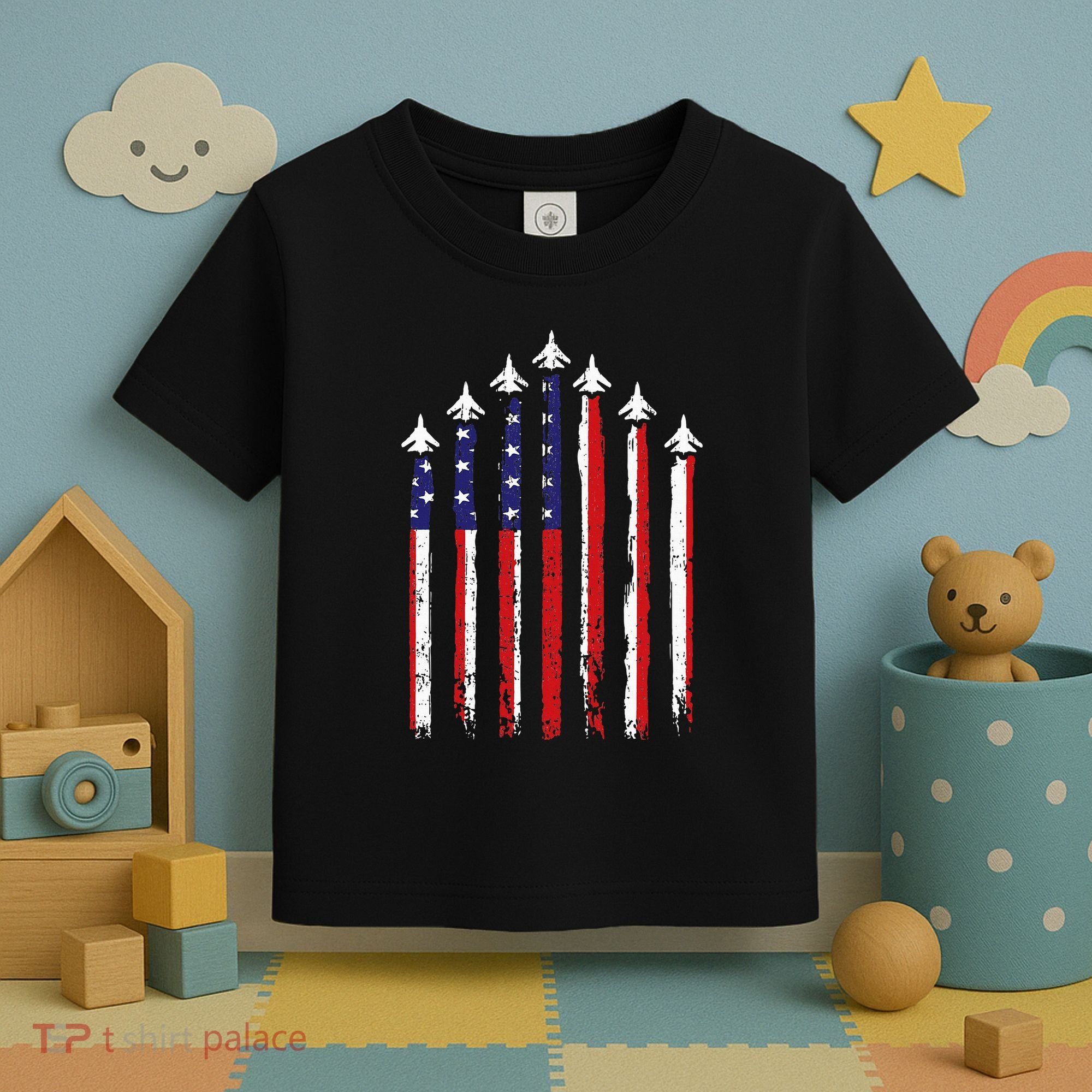 Retro Fighter Jet Airplane Usa Flag 4th Of July Toddler T-Shirt