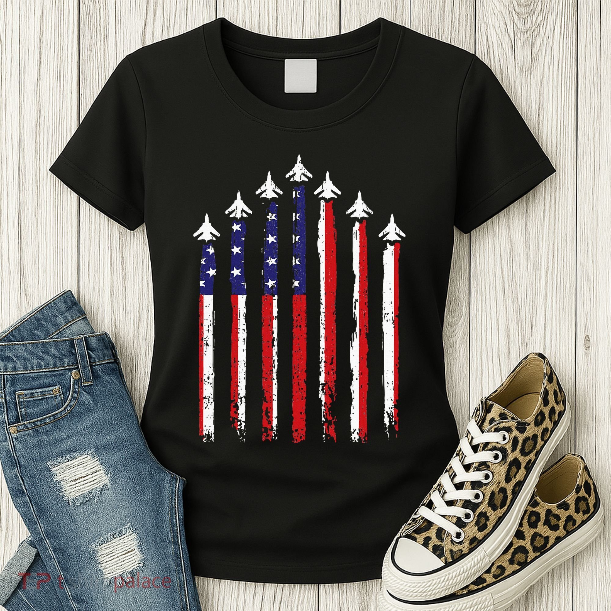 Retro Fighter Jet Airplane Usa Flag 4th Of July Women's T-Shirt