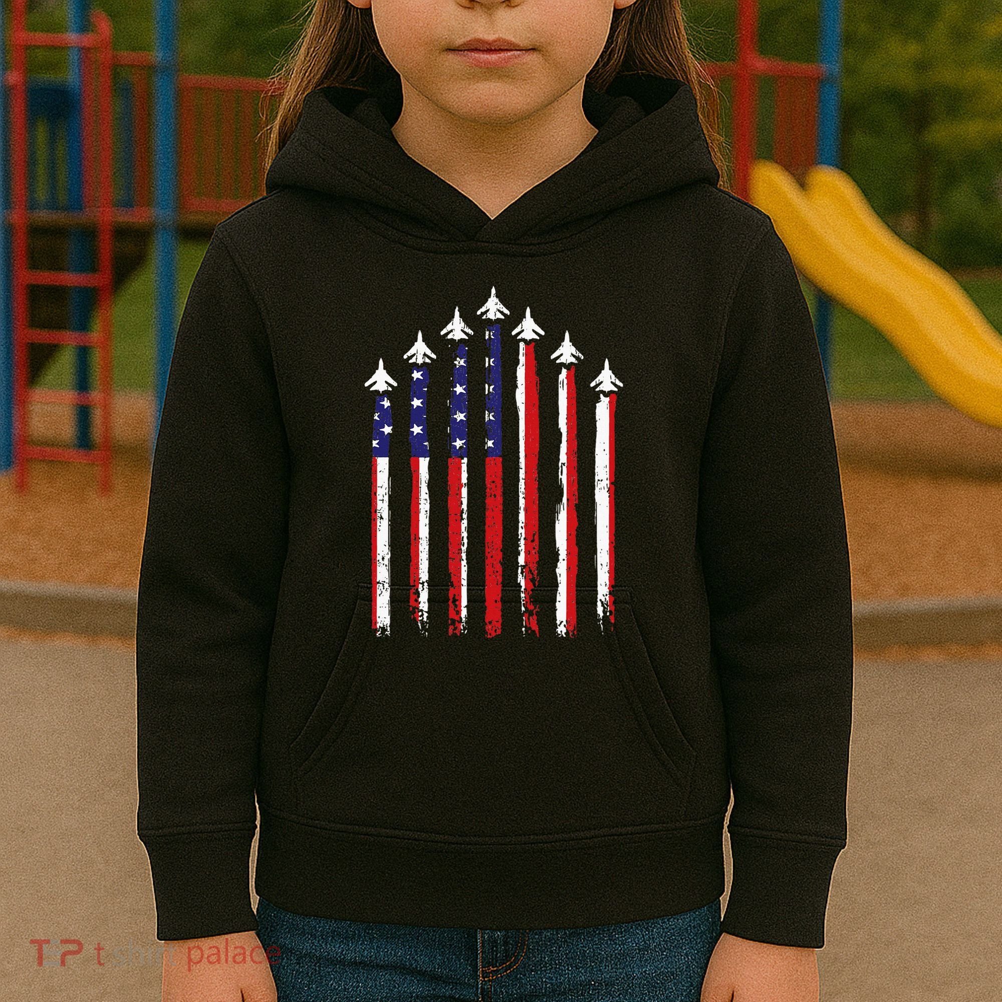 Retro Fighter Jet Airplane Usa Flag 4th Of July Kids Hoodie