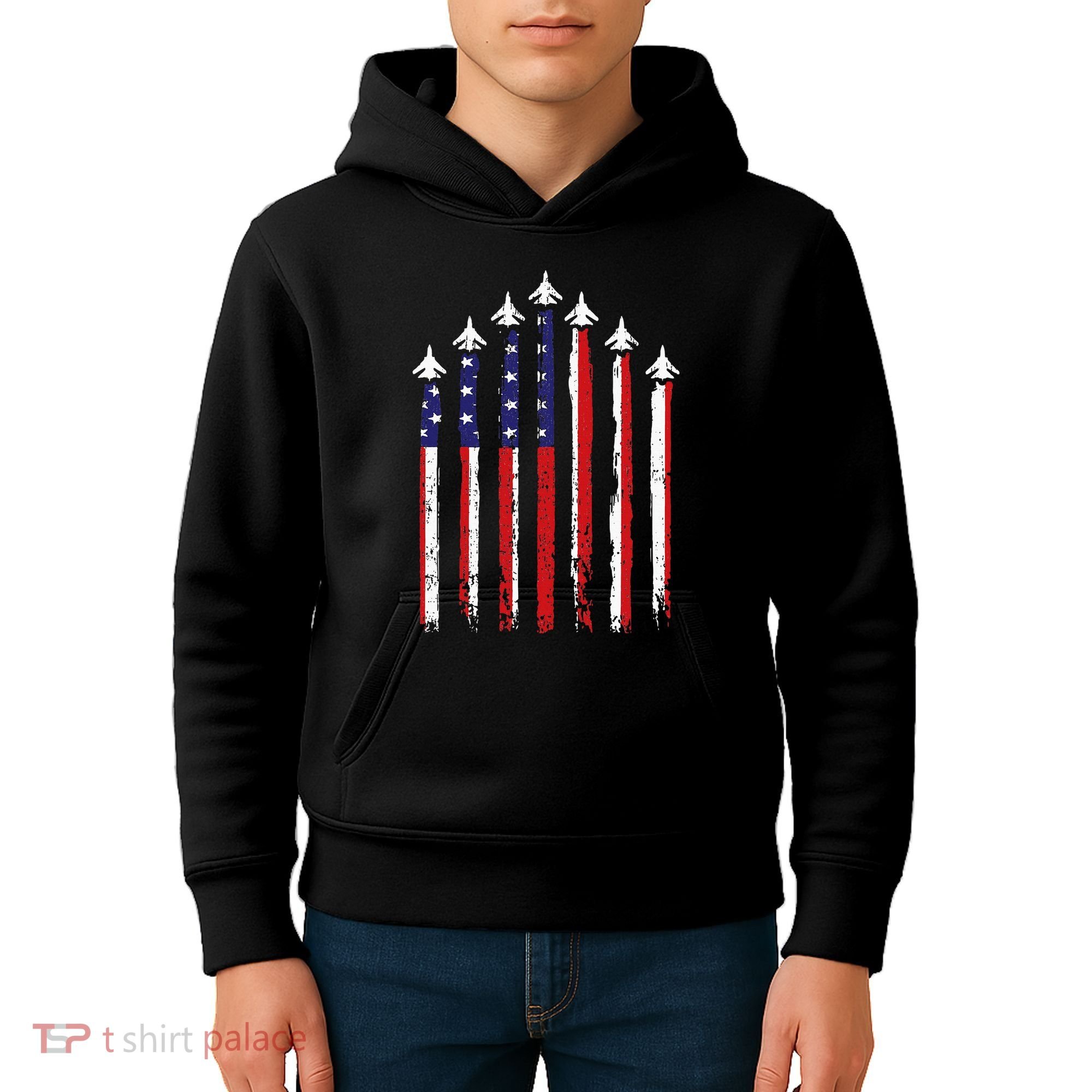 Retro Fighter Jet Airplane Usa Flag 4th Of July Kids Hoodie