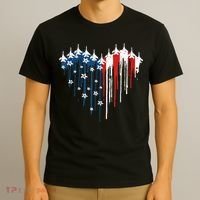 Retro Fighter Jet Airplane American Flag Heart 4th Of July T-Shirt thumb 3
