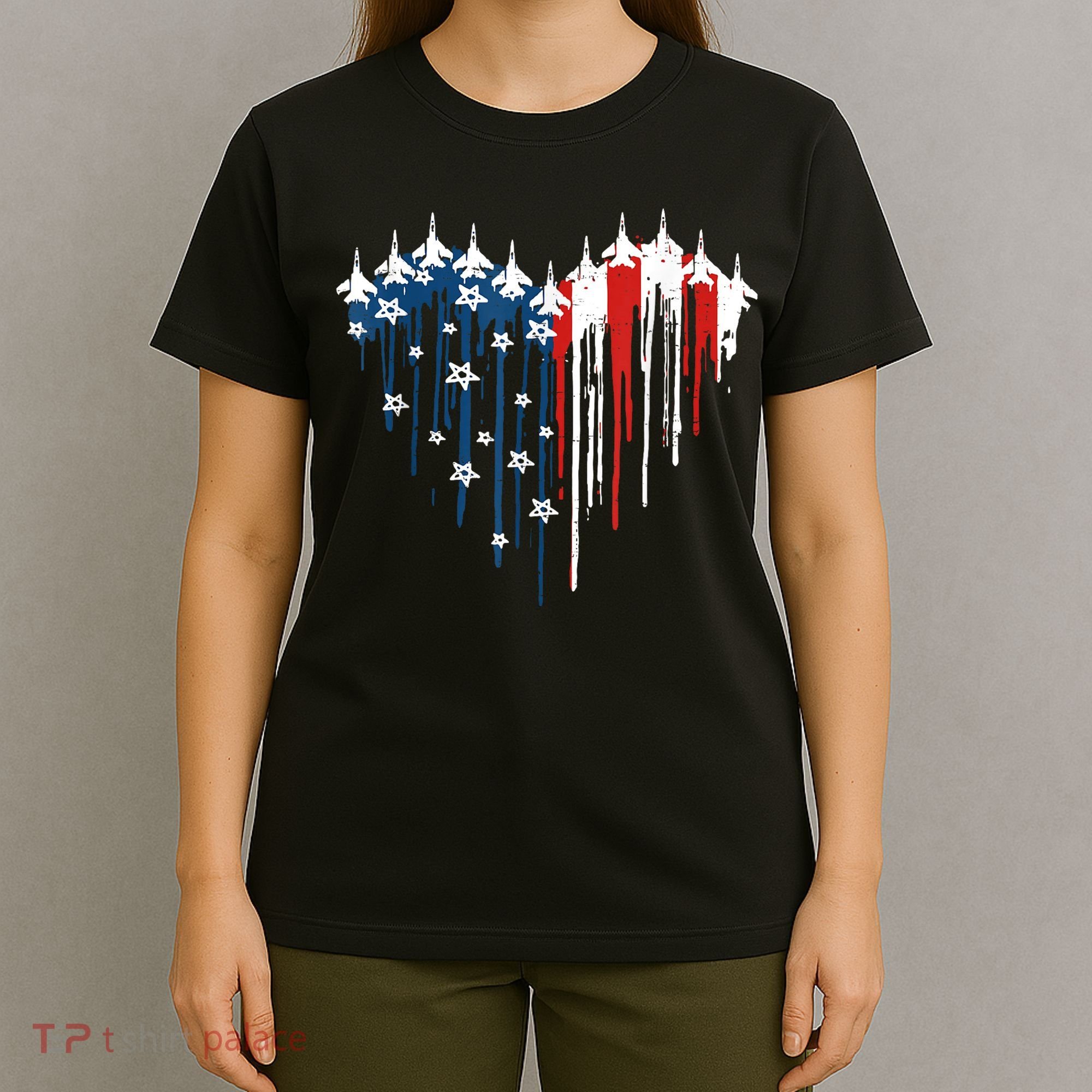 Retro Fighter Jet Airplane American Flag Heart 4th Of July T-Shirt
