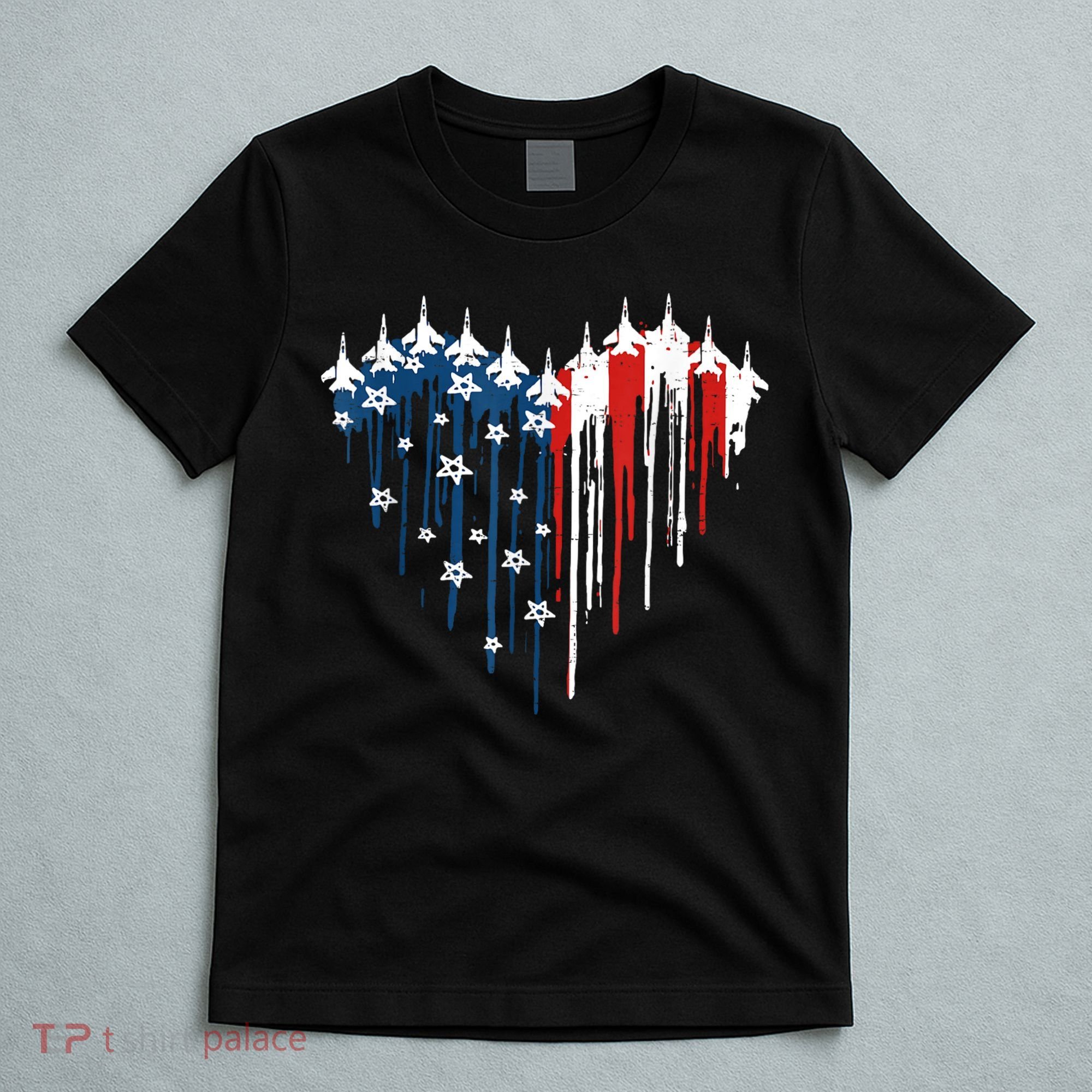 Retro Fighter Jet Airplane American Flag Heart 4th Of July T-Shirt