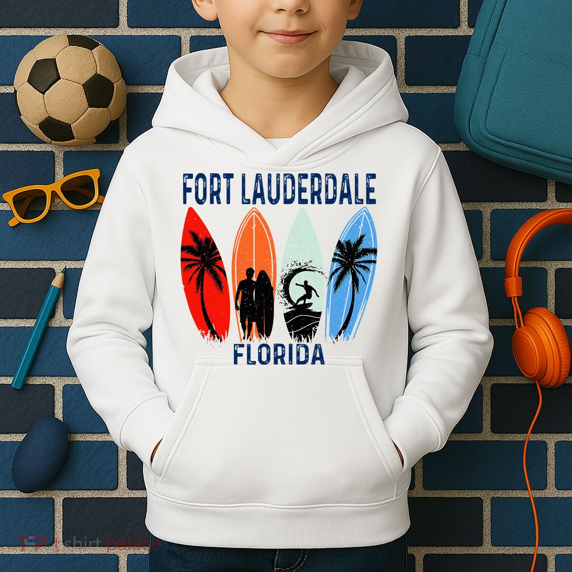 Retro Fort Lauderdale Beach Florida Surfboarder Beach Kids Hoodie