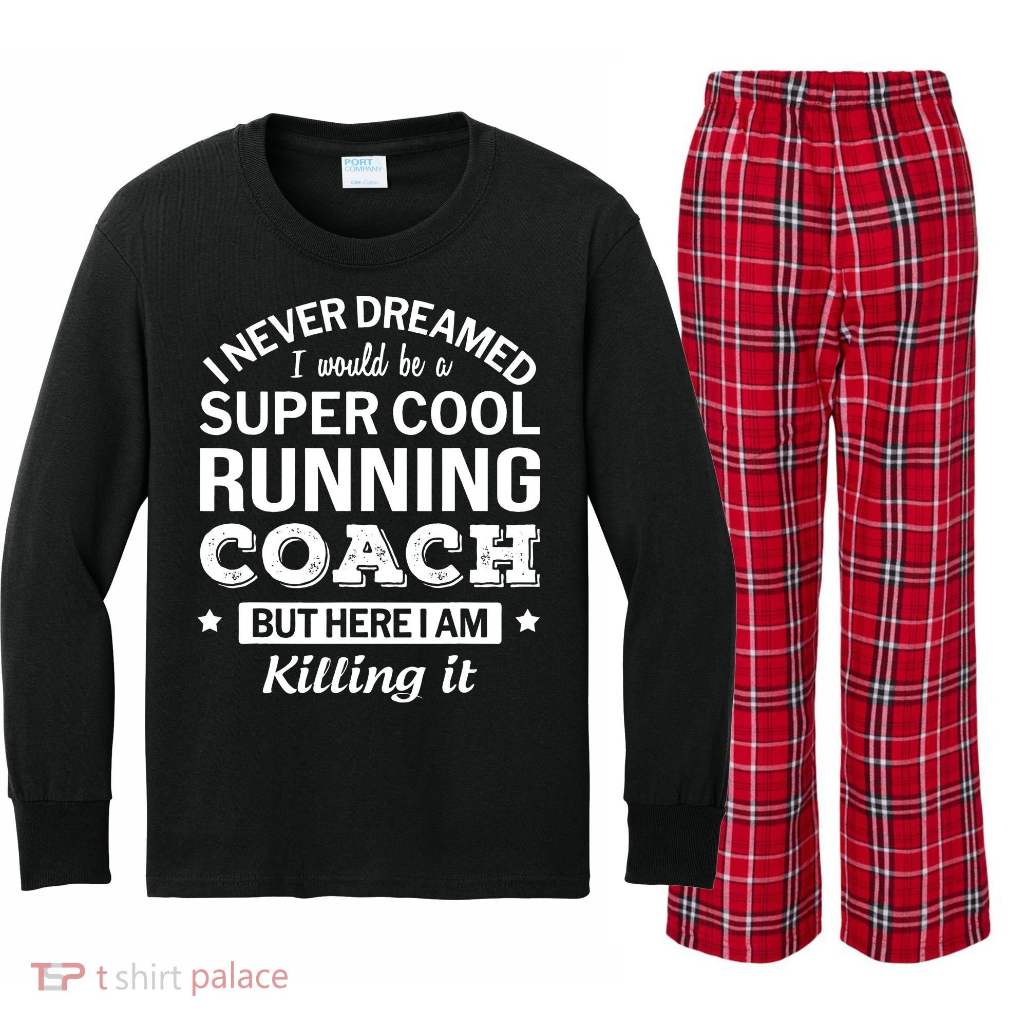 Running For Mom Marathoner Runner Coach Racing Kids Long Sleeve Plaid Pajama Set