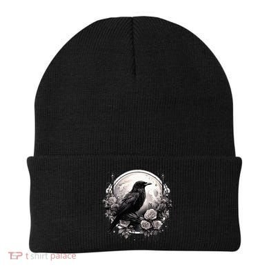 Raven Full Moon Gothic Witchy Crow Roses Mystical Beanie