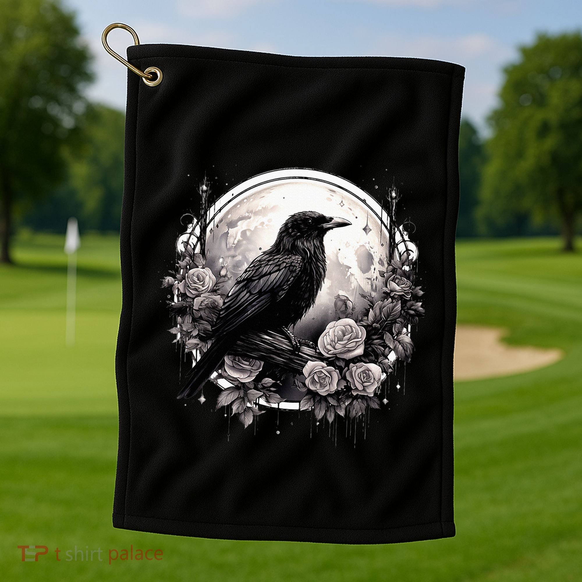 Raven Full Moon Gothic Witchy Crow Roses Mystical Golf Towel