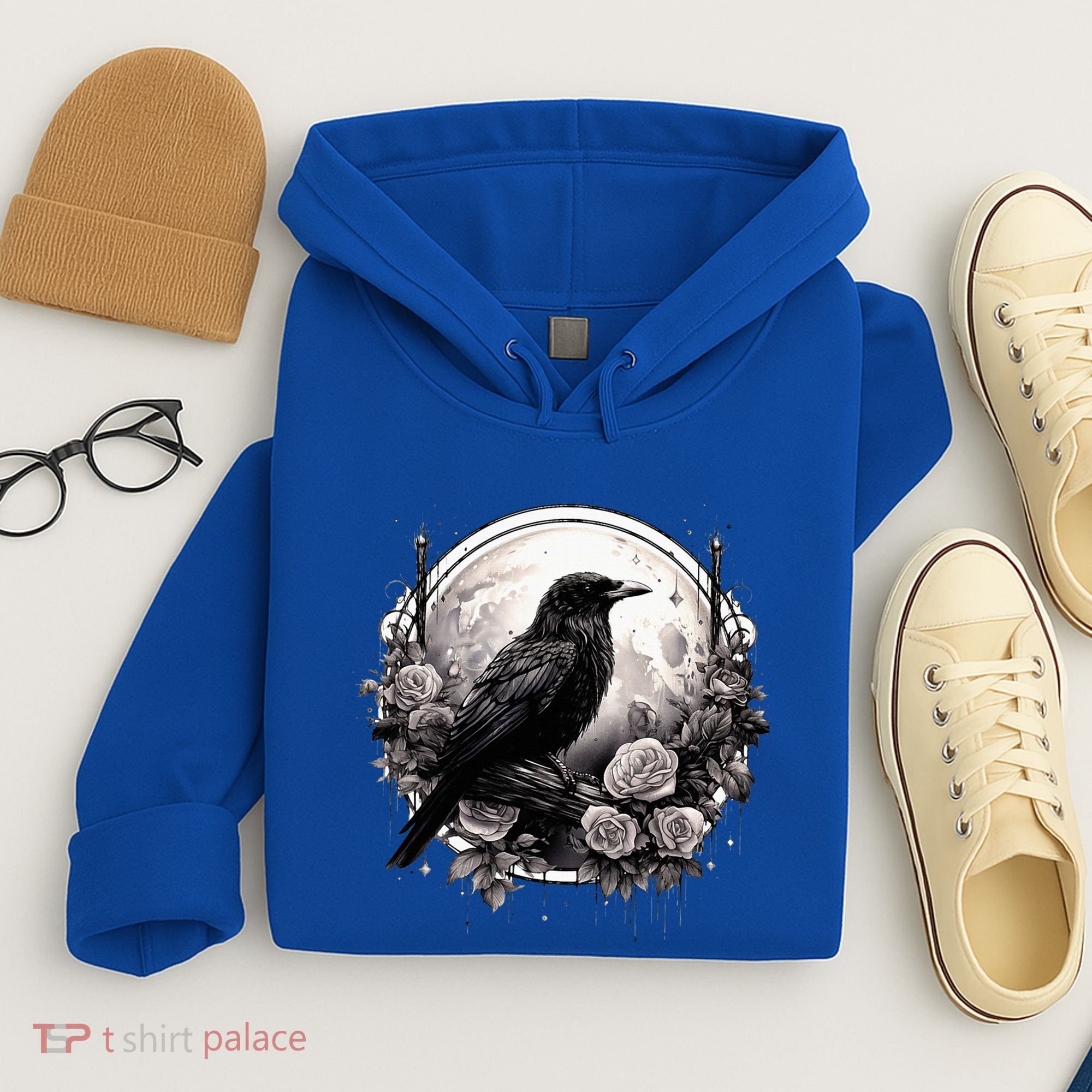 Raven Full Moon Gothic Witchy Crow Roses Mystical Hoodie