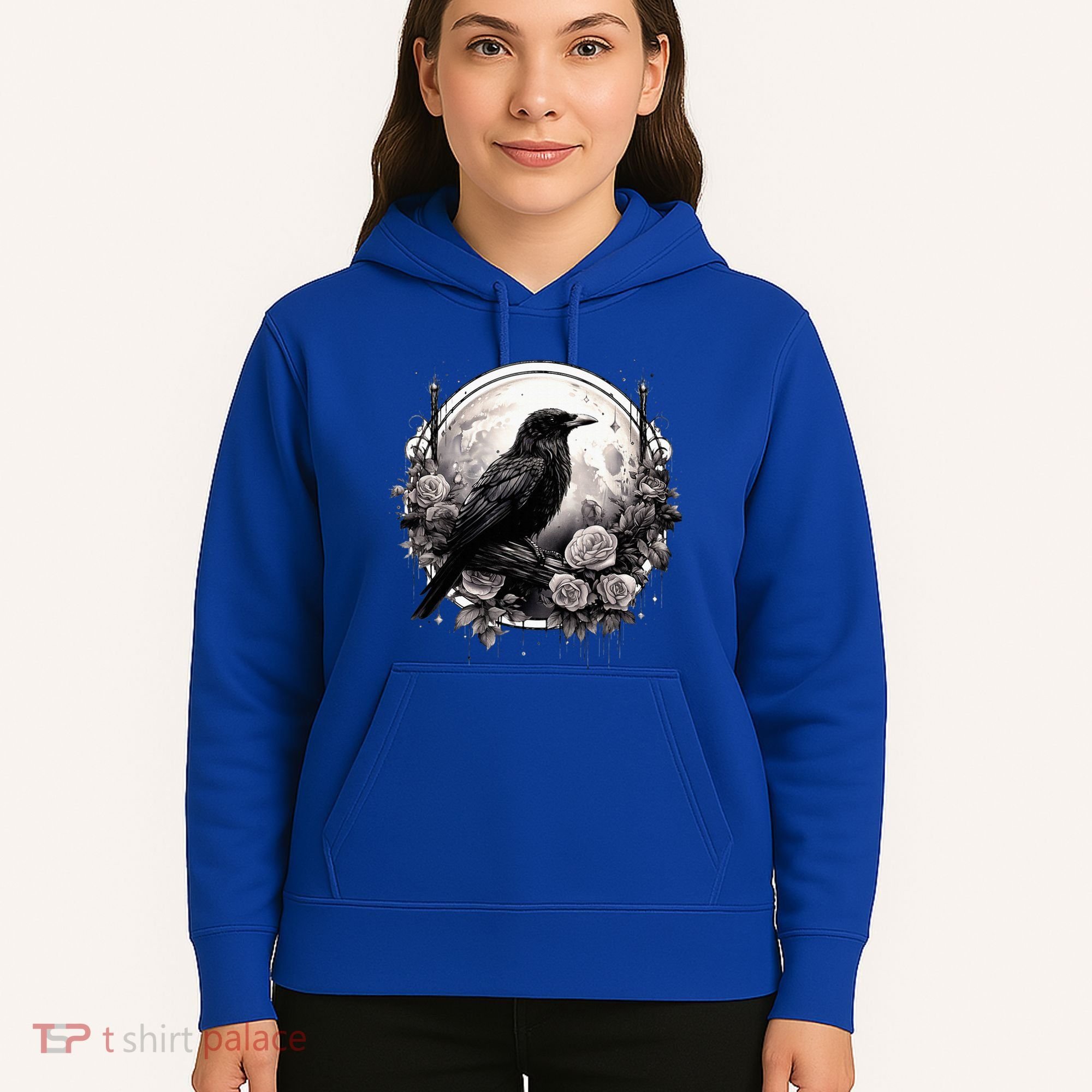 Raven Full Moon Gothic Witchy Crow Roses Mystical Hoodie