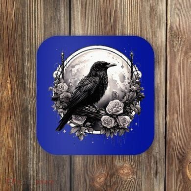 Raven Full Moon Gothic Witchy Crow Roses Mystical Coaster
