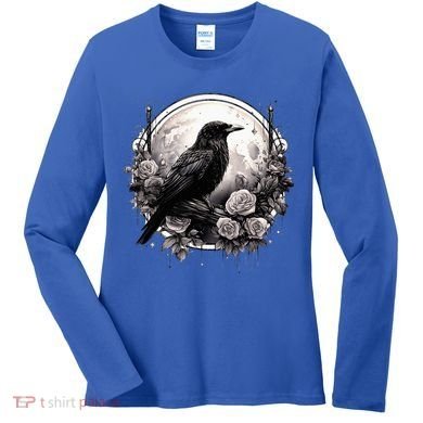 Raven Full Moon Gothic Witchy Crow Roses Mystical Women's Long Sleeve Shirt