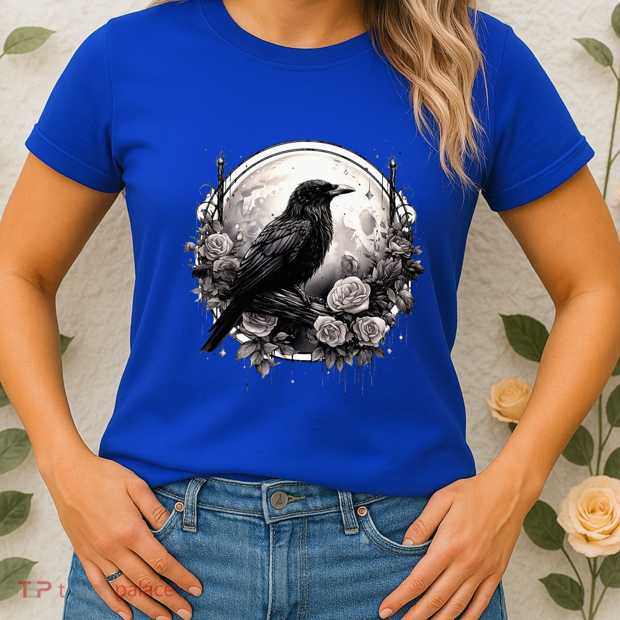 Raven Full Moon Gothic Witchy Crow Roses Mystical Women's T-Shirt