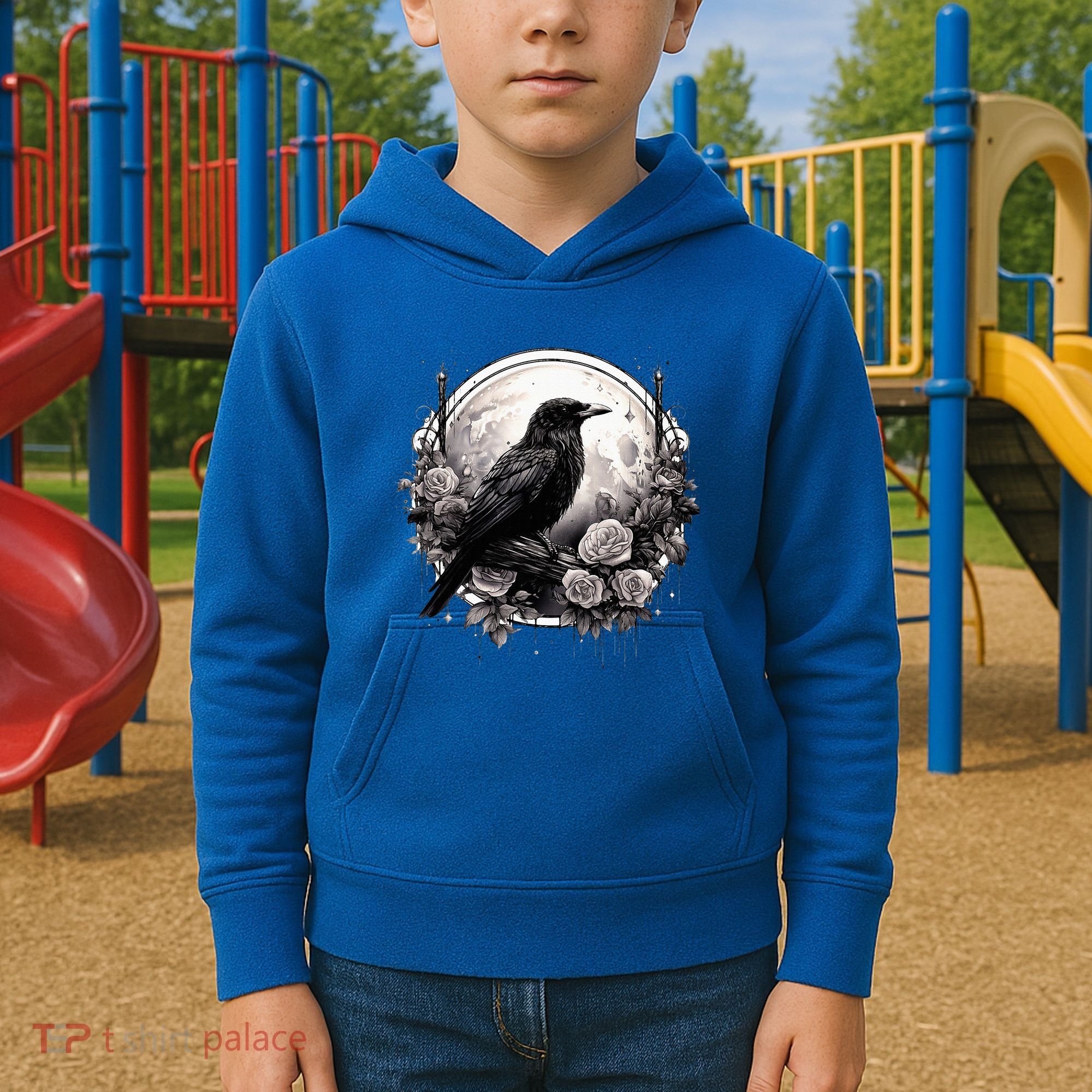 Raven Full Moon Gothic Witchy Crow Roses Mystical Kids Hoodie