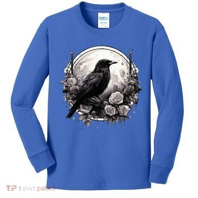 Raven Full Moon Gothic Witchy Crow Roses Mystical Kids Long Sleeve Shirt
