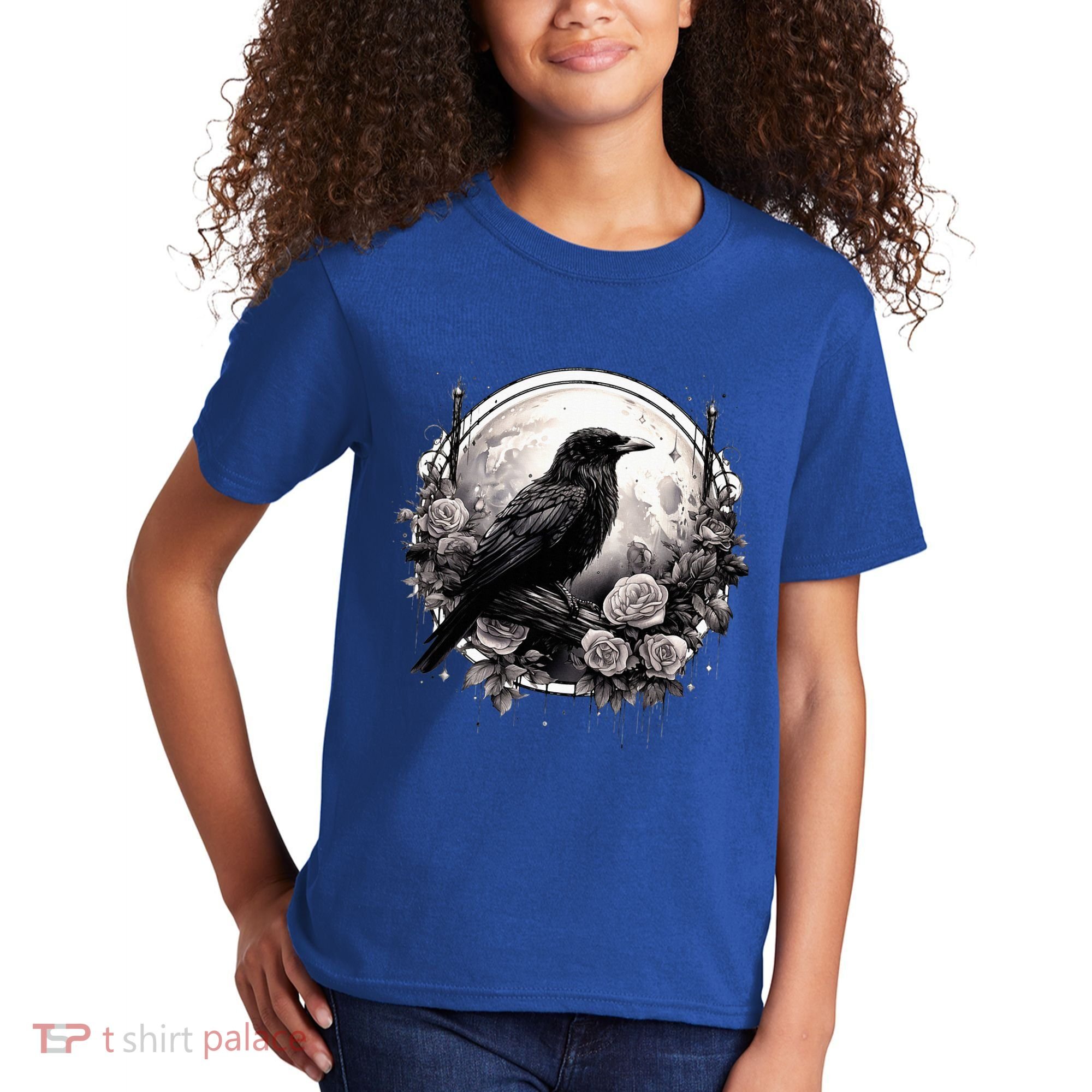 Raven Full Moon Gothic Witchy Crow Roses Mystical Kids T-Shirt