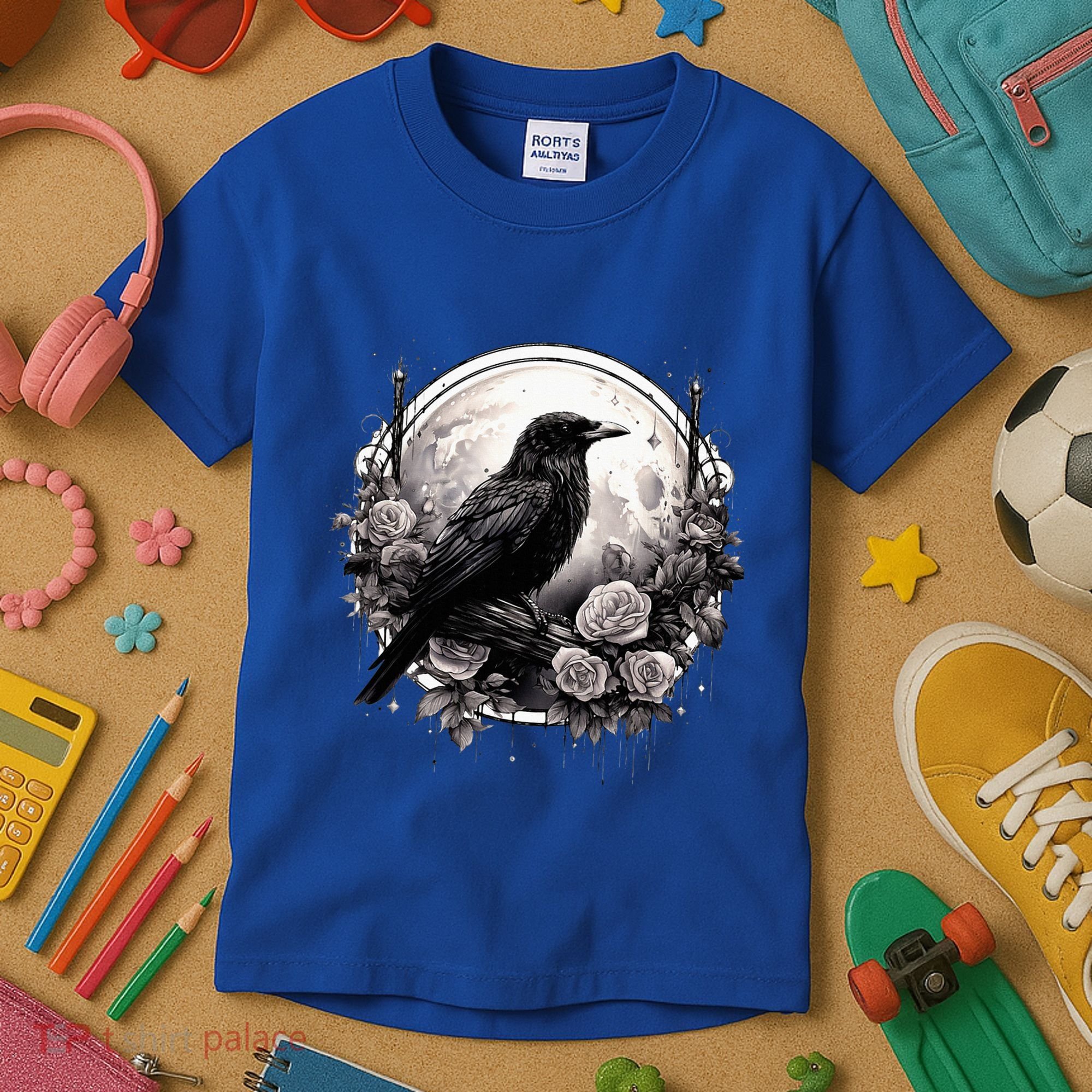 Raven Full Moon Gothic Witchy Crow Roses Mystical Kids T-Shirt