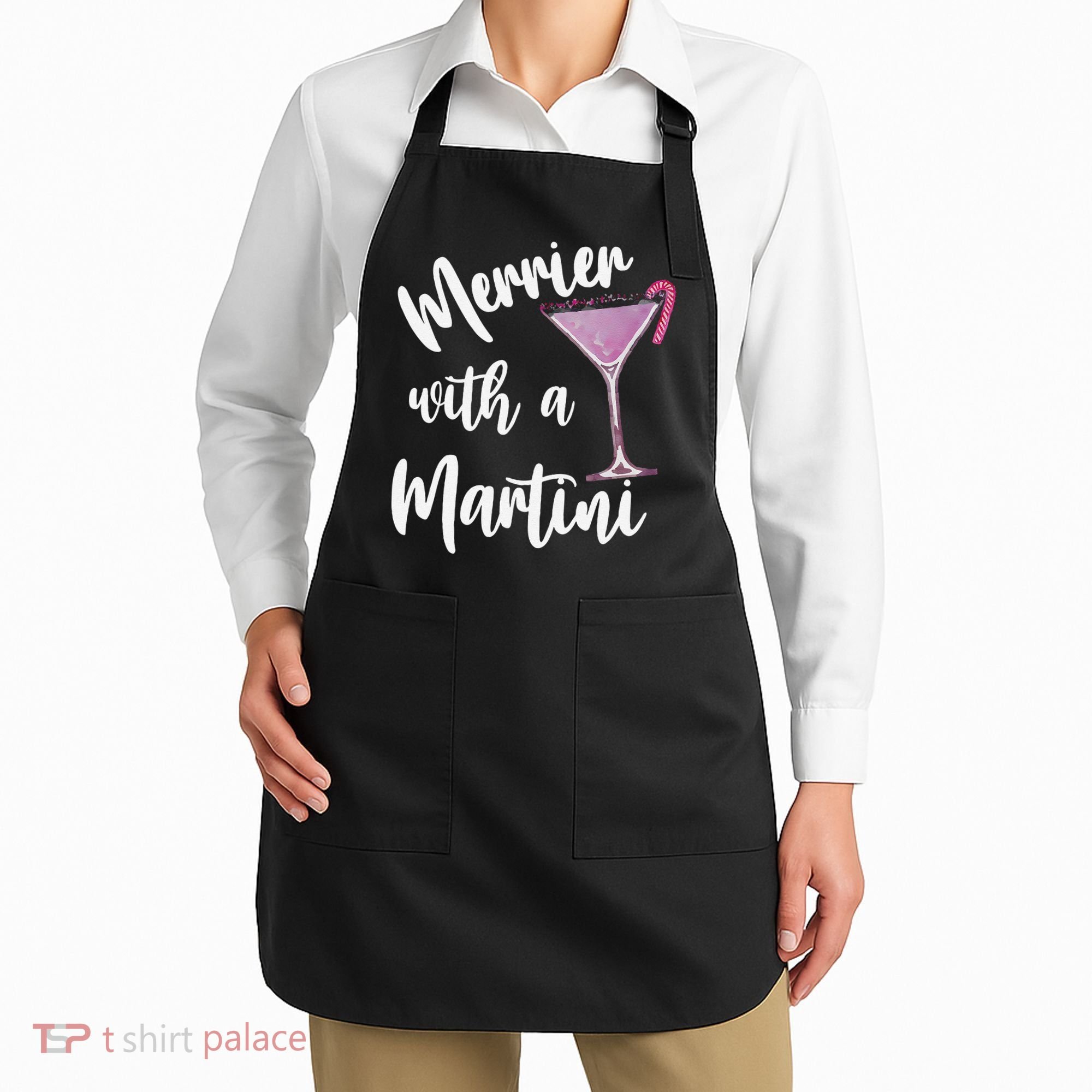 Retro Funny Merrier With A Martini Merry Christmas Drinking Apron