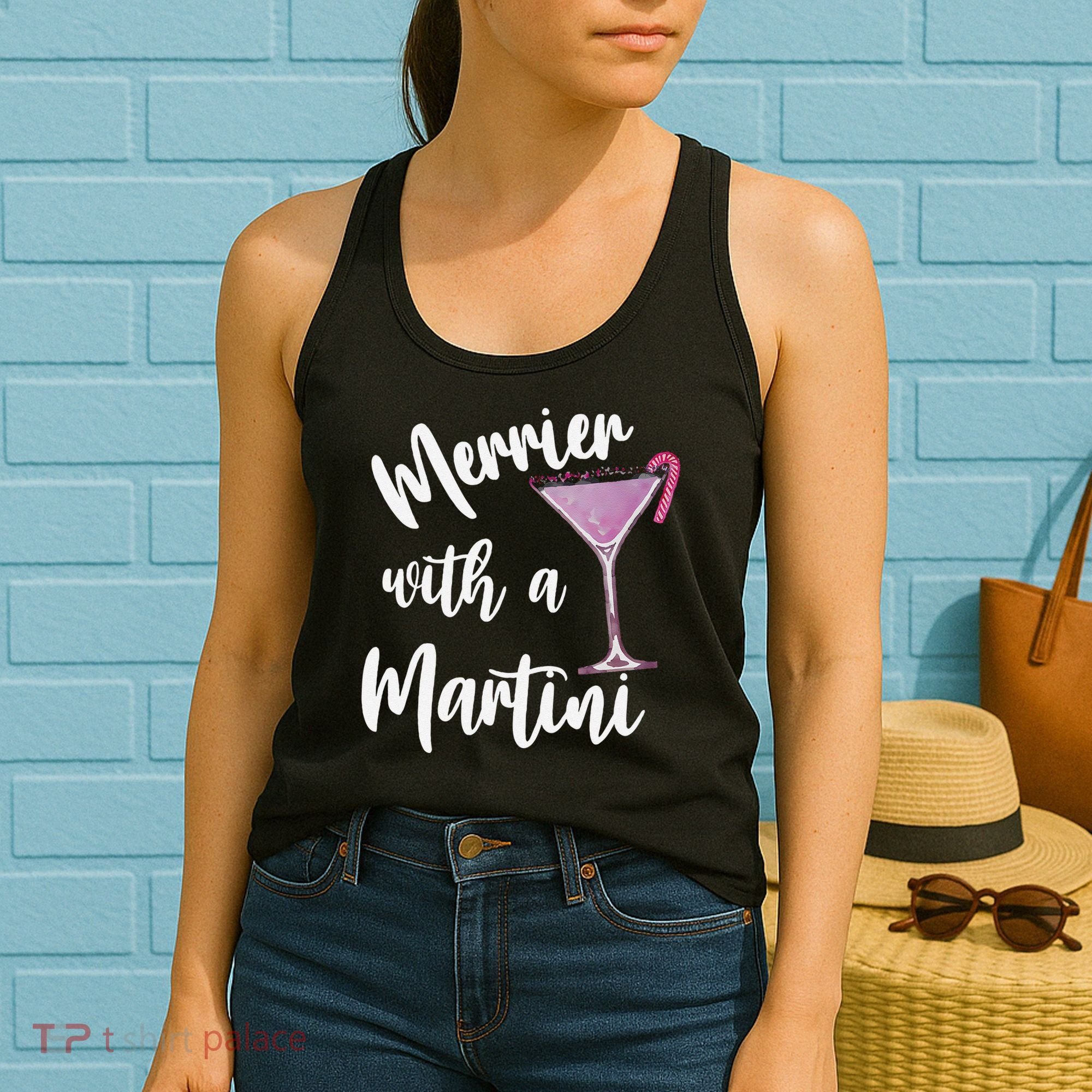 Retro Funny Merrier With A Martini Merry Christmas Drinking Women's Tank Top