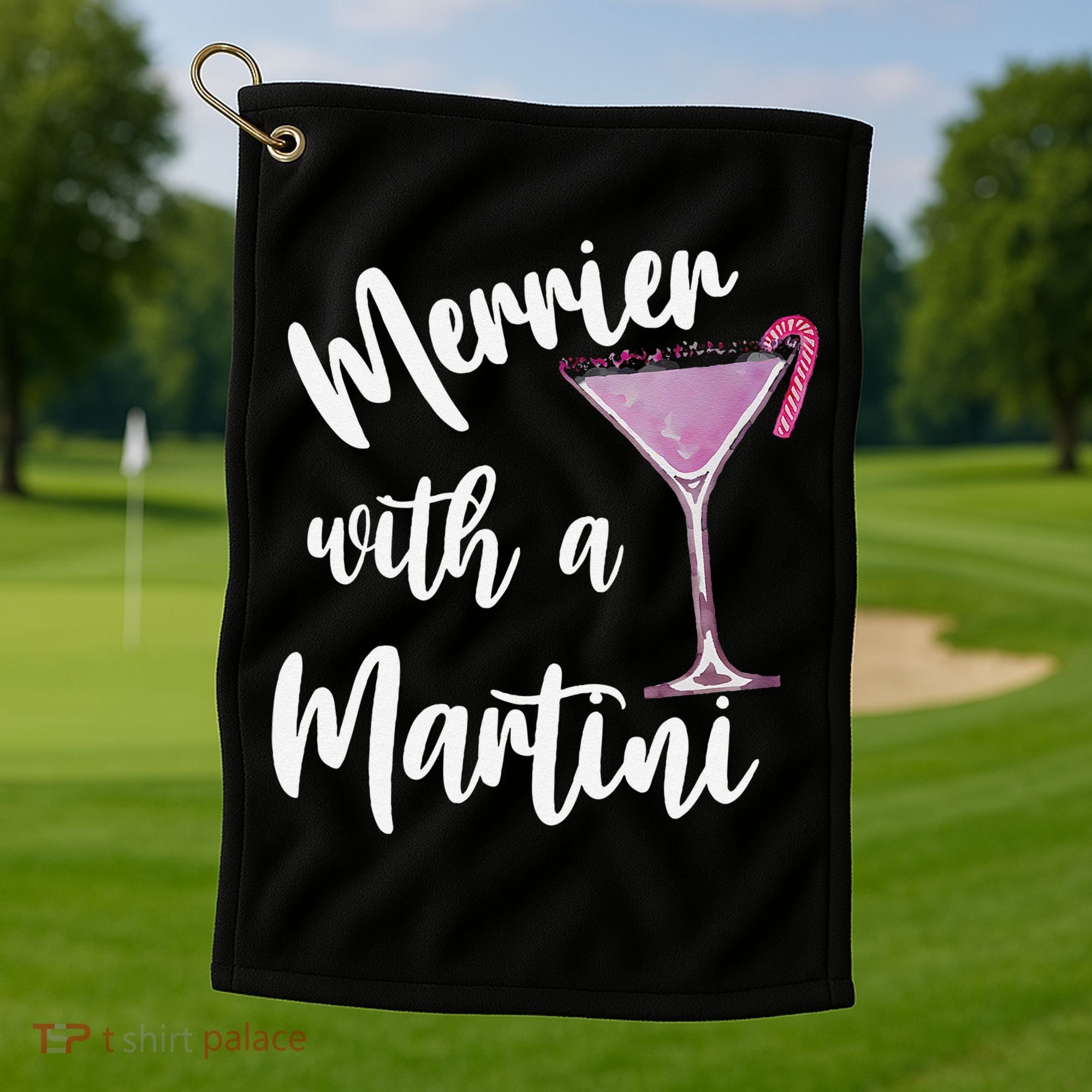 Retro Funny Merrier With A Martini Merry Christmas Drinking Golf Towel