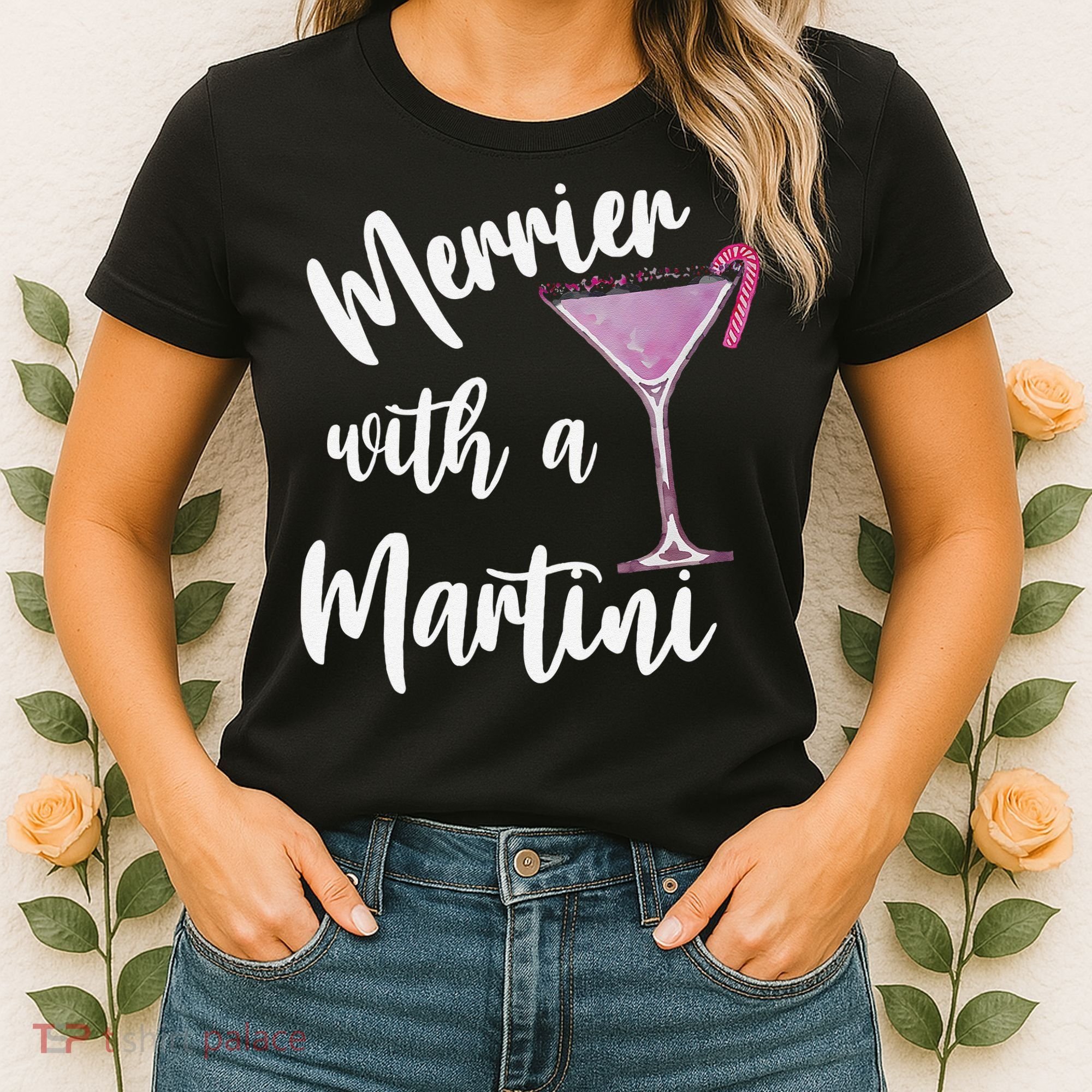 Retro Funny Merrier With A Martini Merry Christmas Drinking Women's T-Shirt