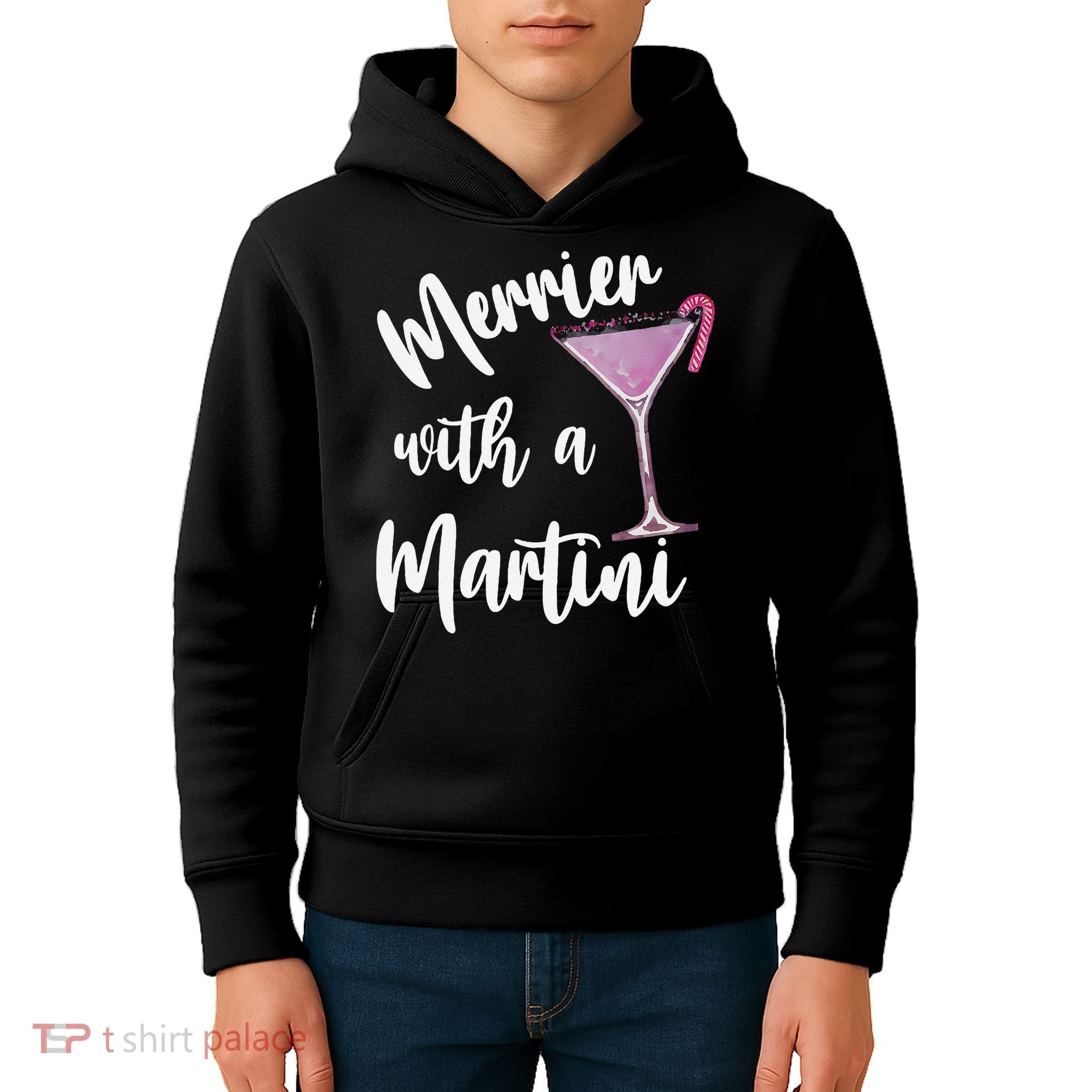 Retro Funny Merrier With A Martini Merry Christmas Drinking Kids Hoodie