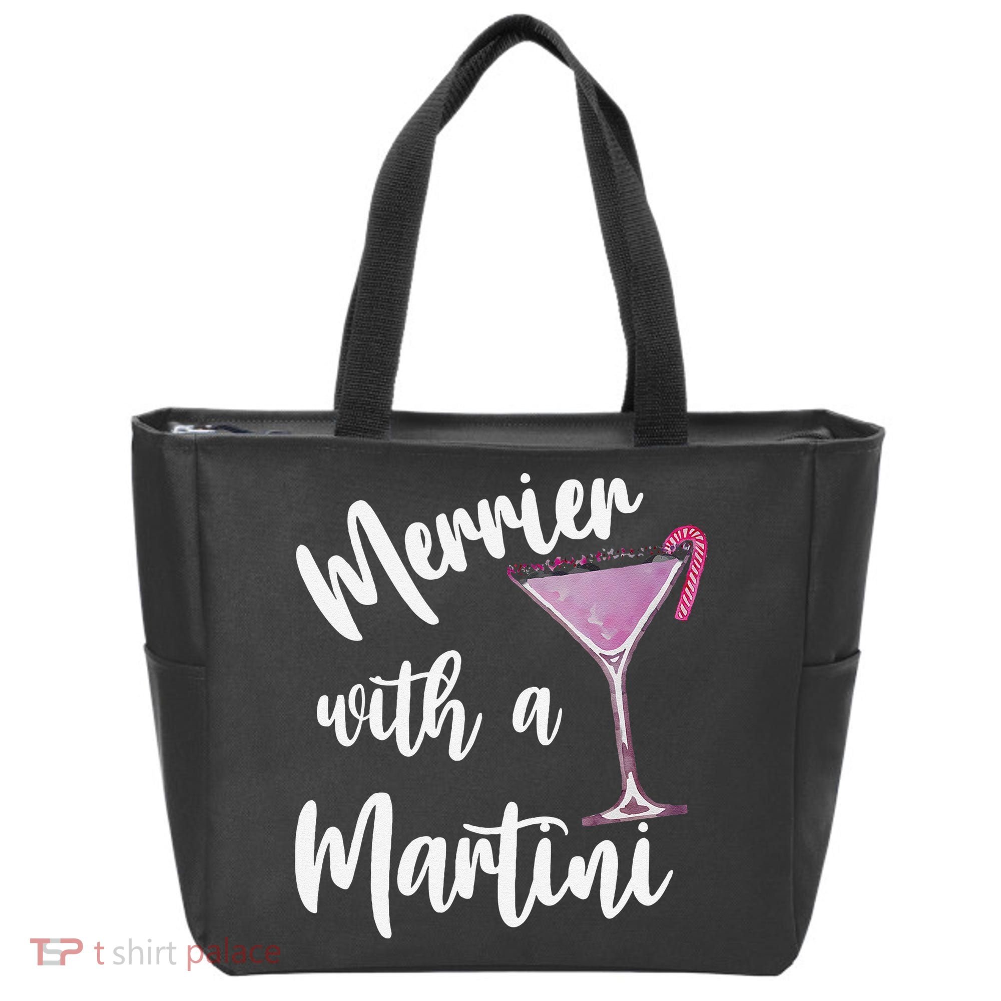 Retro Funny Merrier With A Martini Merry Christmas Drinking Tote Bag