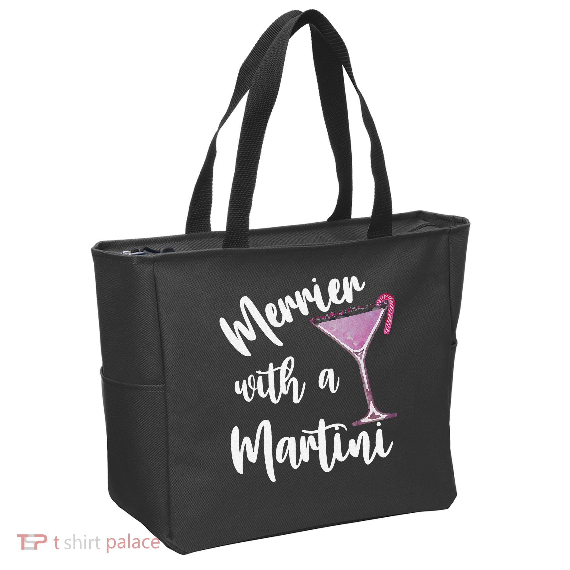 Retro Funny Merrier With A Martini Merry Christmas Drinking Tote Bag