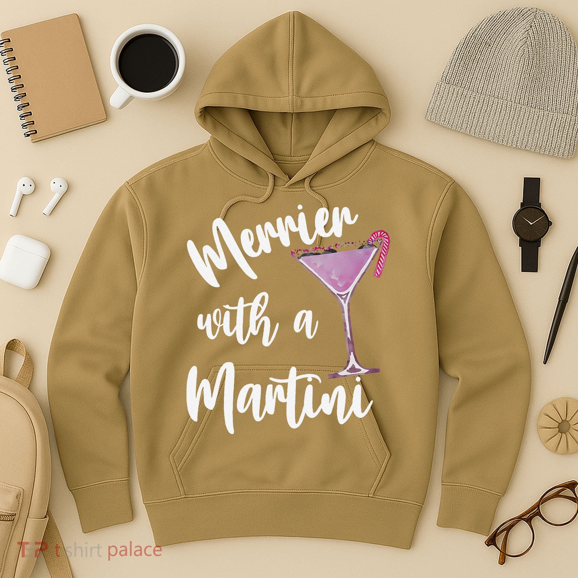 Retro Funny Merrier With A Martini Merry Christmas Drinking Hoodie