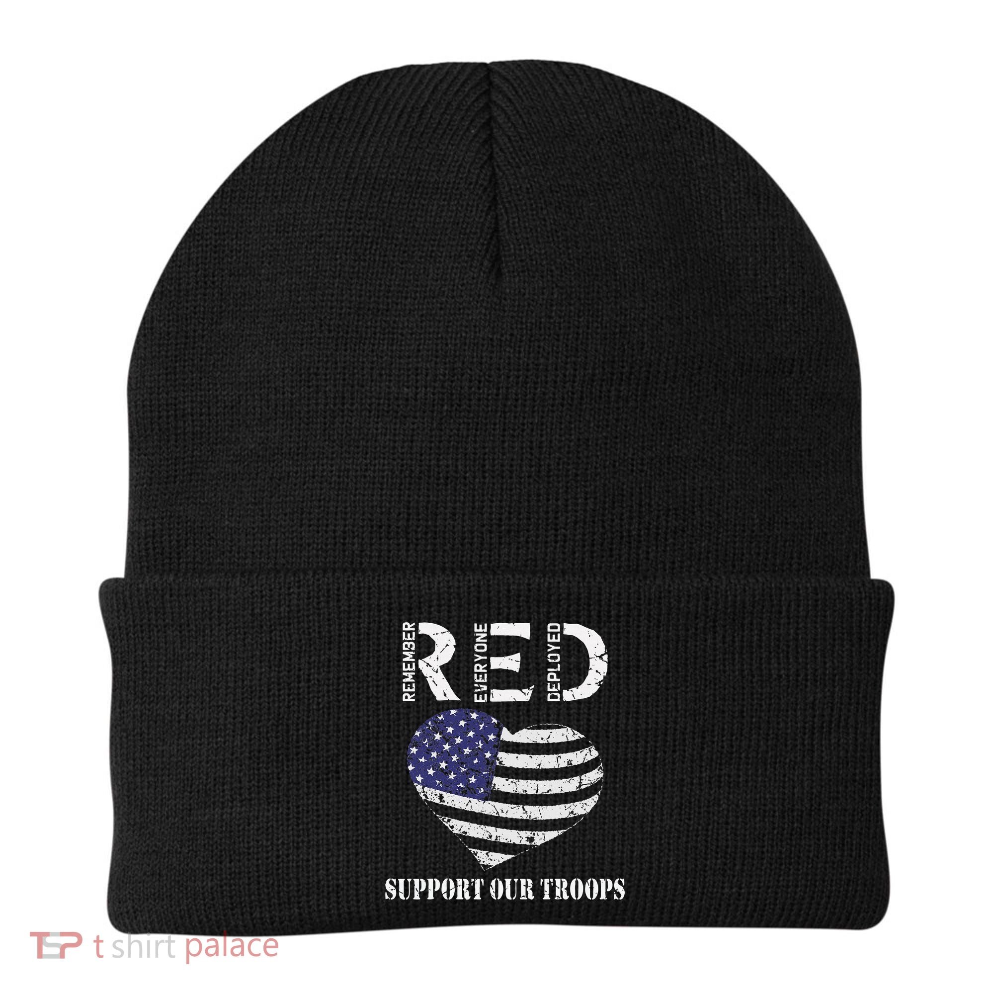RED Friday Military Support Our Troops Heart Retro US Flag Beanie