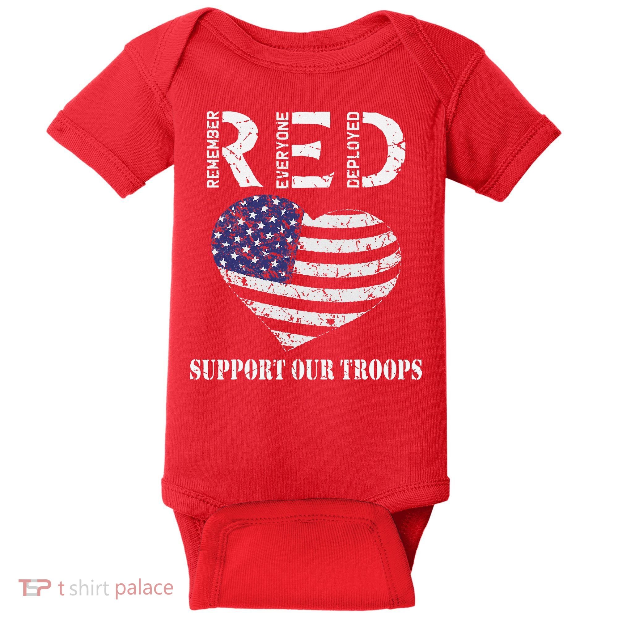 RED Friday Military Support Our Troops Heart Retro US Flag Baby Bodysuit