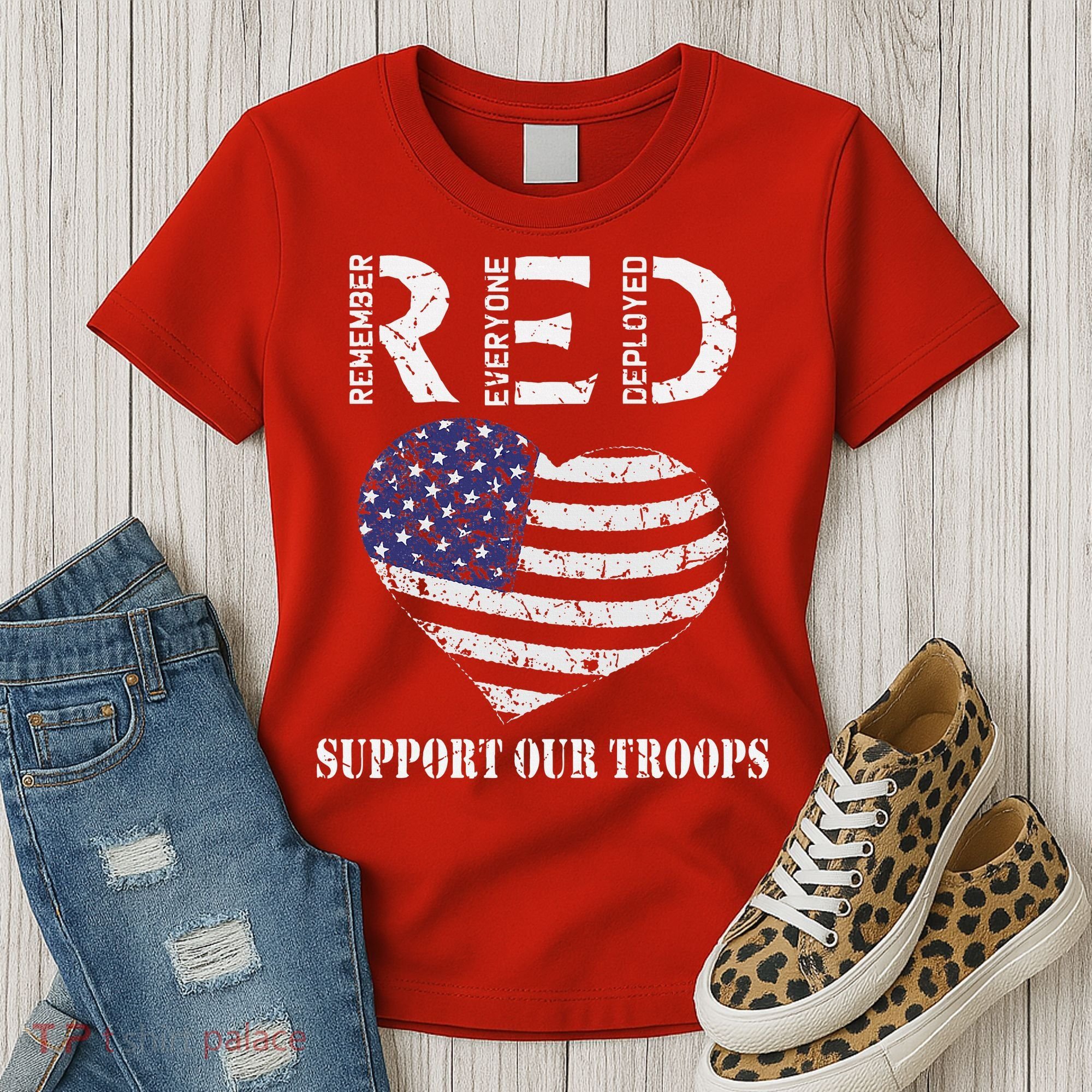 RED Friday Military Support Our Troops Heart Retro US Flag Women's T-Shirt