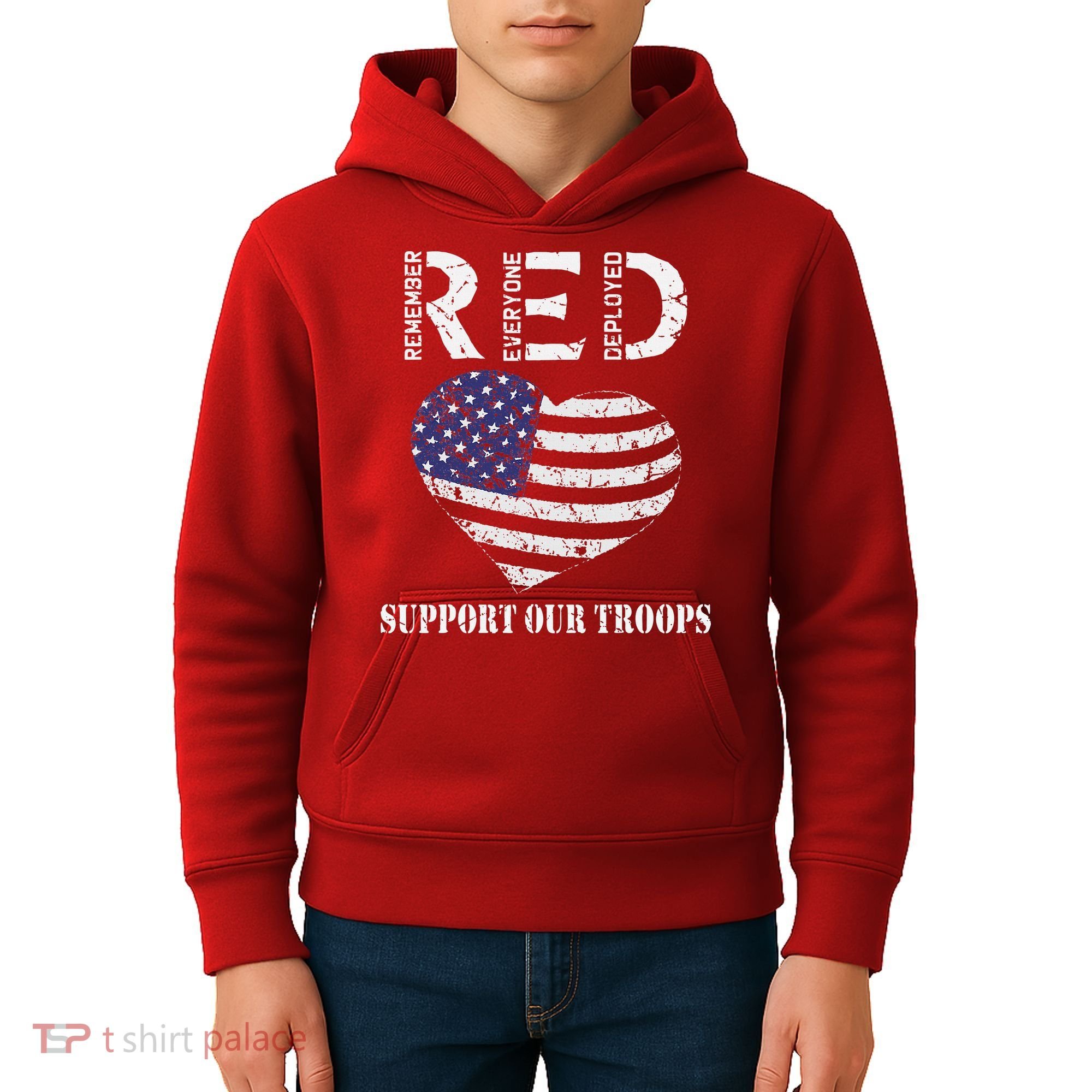 RED Friday Military Support Our Troops Heart Retro US Flag Kids Hoodie