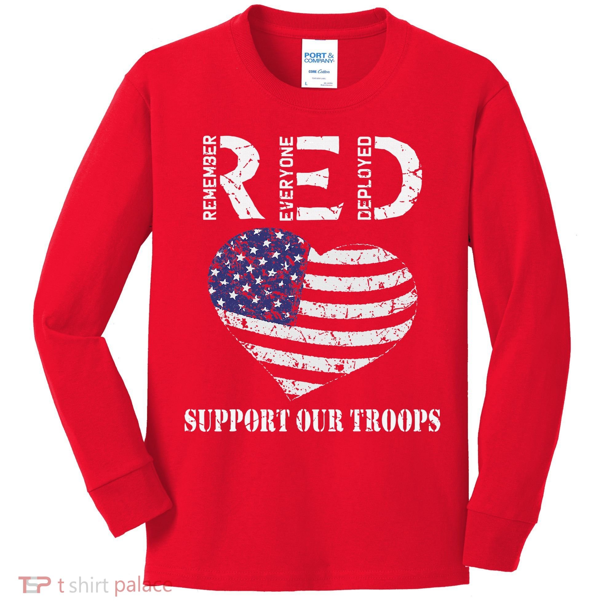 RED Friday Military Support Our Troops Heart Retro US Flag Kids Long Sleeve Shirt