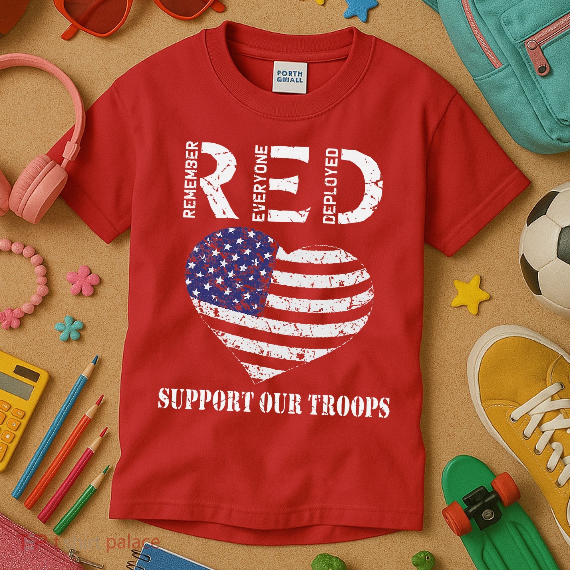 RED Friday Military Support Our Troops Heart Retro US Flag Kids T-Shirt
