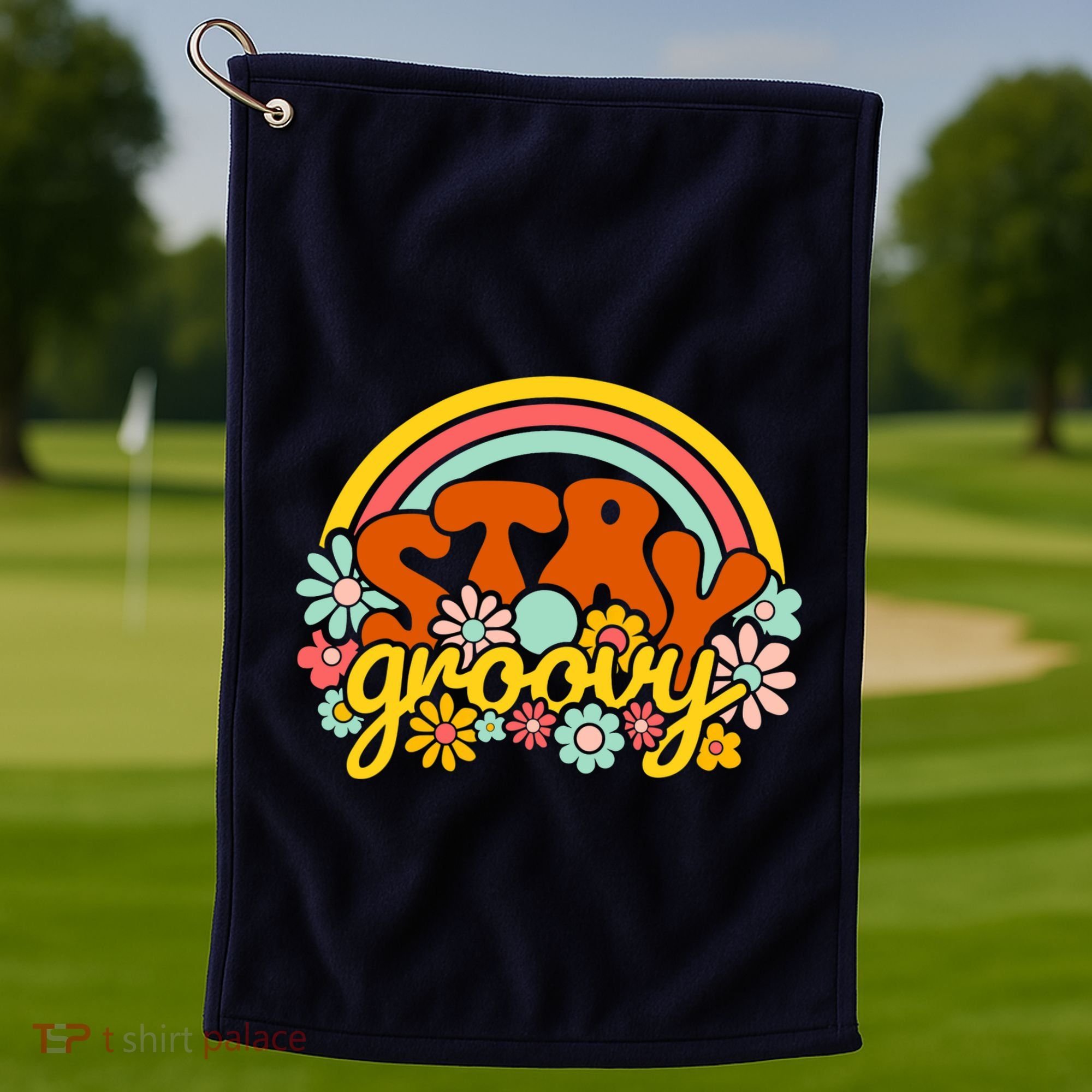 Retro Flowers Peace Stay Groovy Positive Mind Happy Life Golf Towel